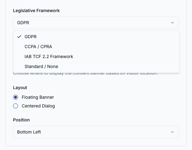 Screenshot of the GDPR framework selection in the configuration form.